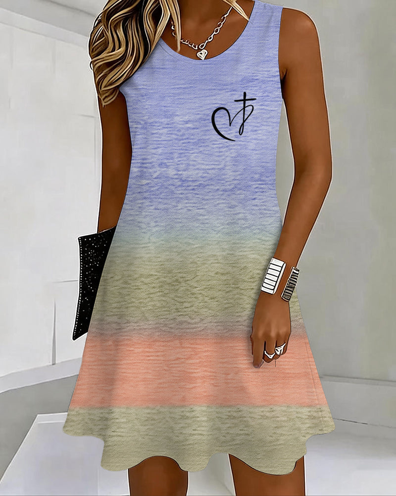 Gradient Love Cross Printed U-Neck Sleeveless Vacation Short Dress