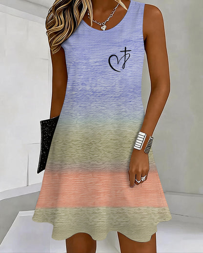 Gradient Love Cross Printed U-Neck Sleeveless Vacation Short Dress