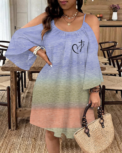 Gradient Love Cross Print Strap Long Sleeve Dress