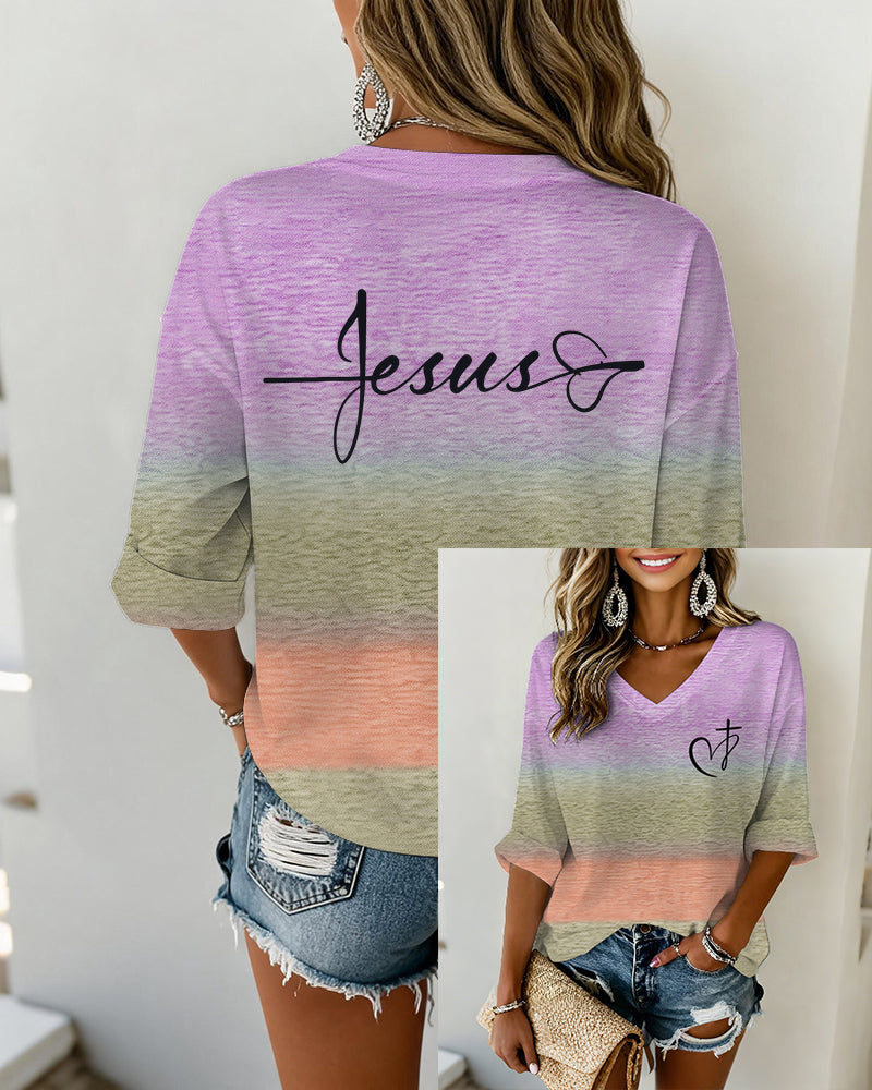 Three-Color Gradient Heart And Cross Print V-Neck 3/4-Sleeve Loose-Fit T-Shirt