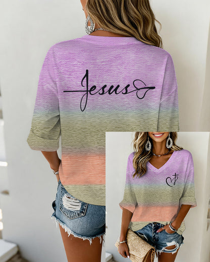Three-Color Gradient Heart And Cross Print V-Neck 3/4-Sleeve Loose-Fit T-Shirt