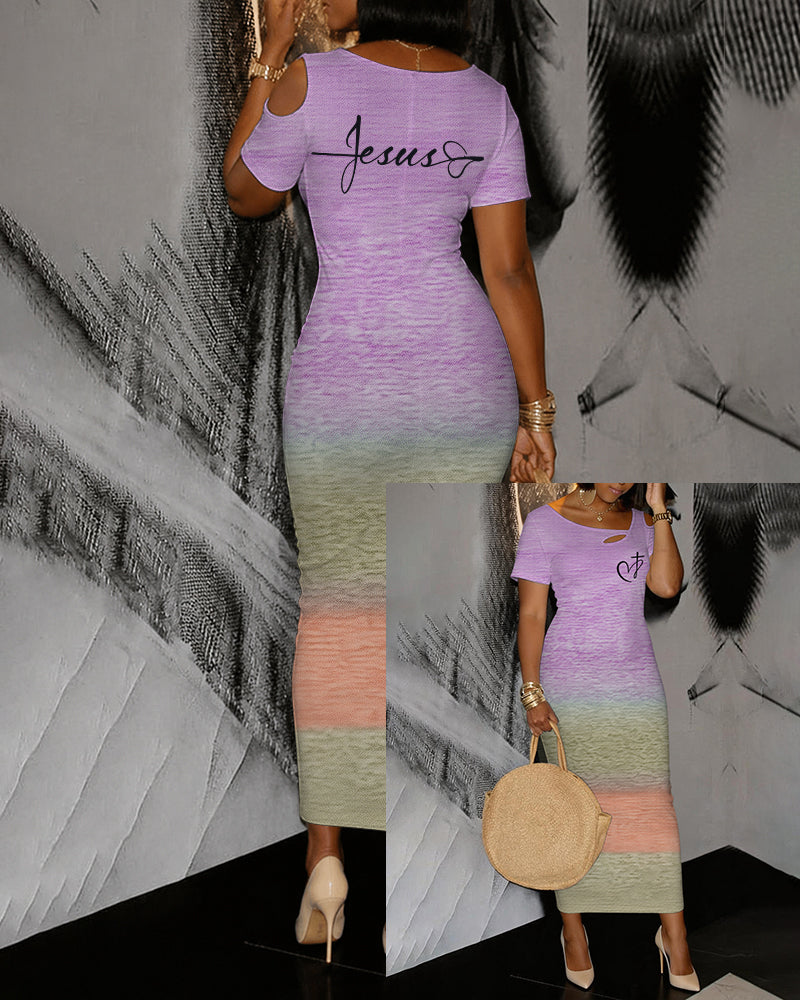 Gradient Love Cross Printed Hollow Shoulder Bag Hip Short-sleeved Mid-length Dress