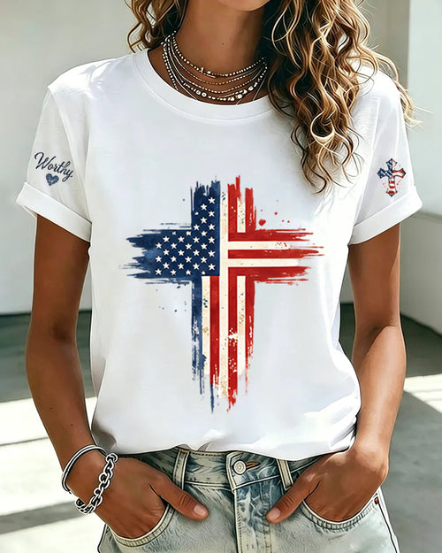 American Flag Cross Print Crewneck Short Sleeve Tee