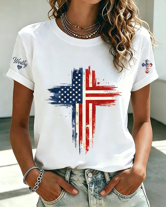 American Flag Cross Print Crewneck Short Sleeve Tee