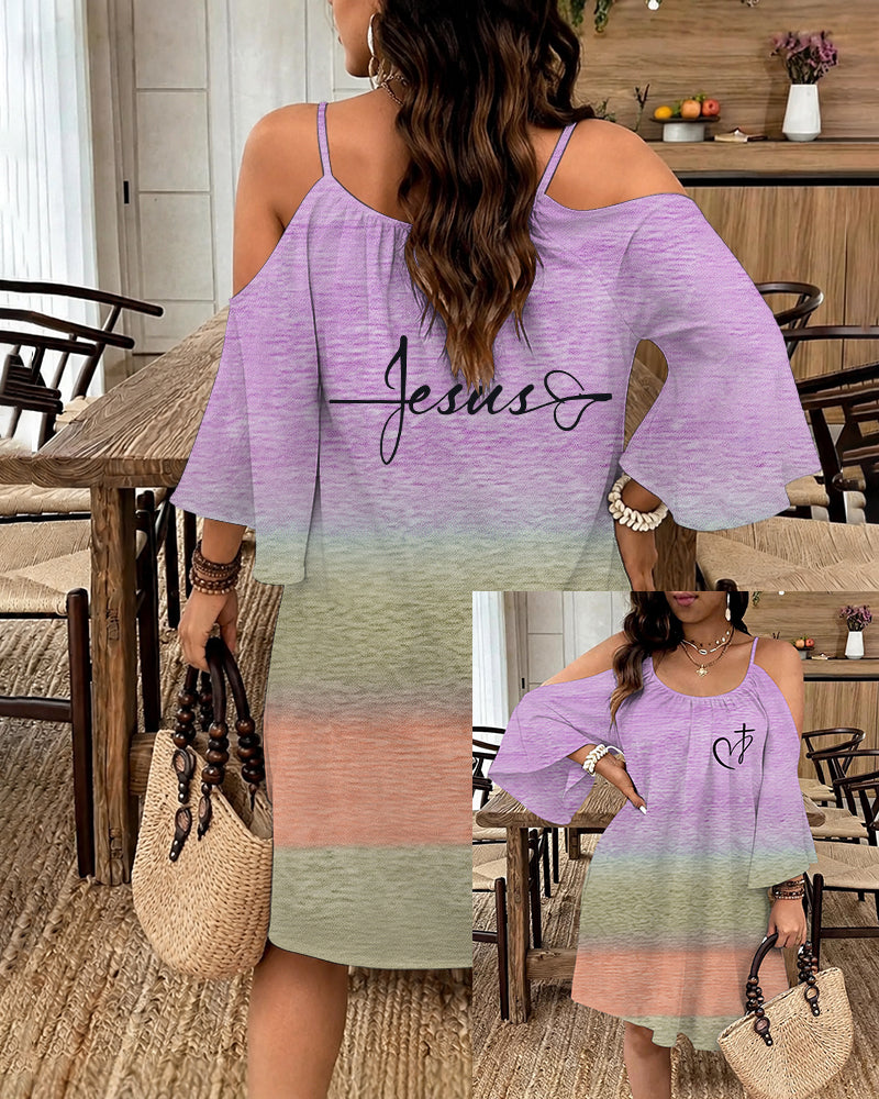 Gradient Love Cross Print Strap Long Sleeve Dress