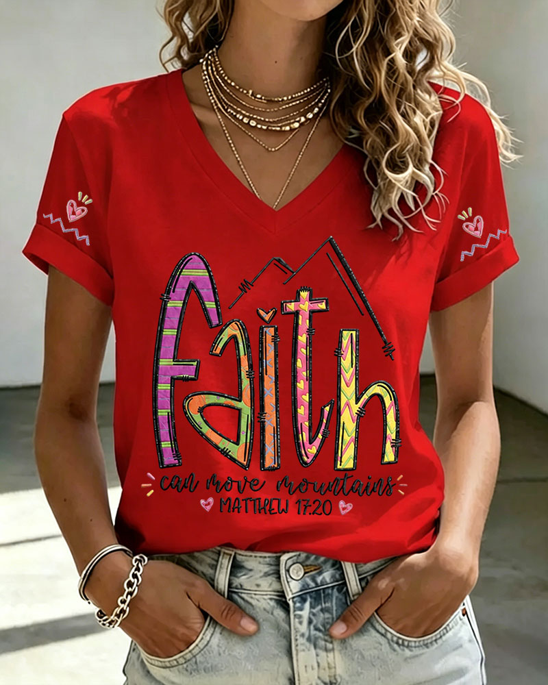 100% Cotton Faith Can Move Mountains V Neck Short Sleeve Tshirt