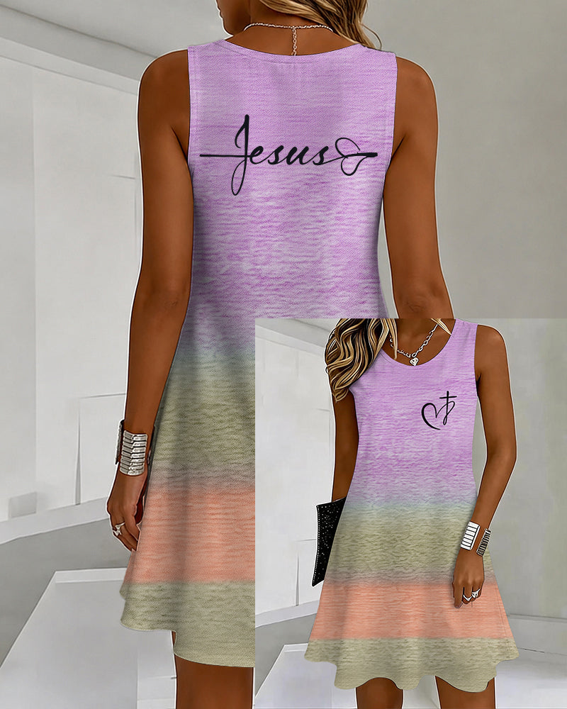 Gradient Love Cross Printed U-Neck Sleeveless Vacation Short Dress