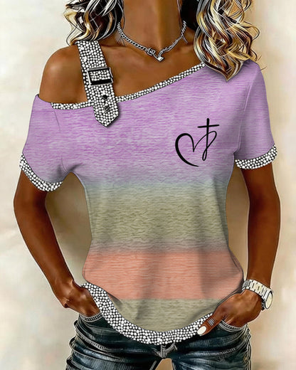 Oversized Heart And Cross Off-Shoulder Trimmed Short-Sleeve Top For Women