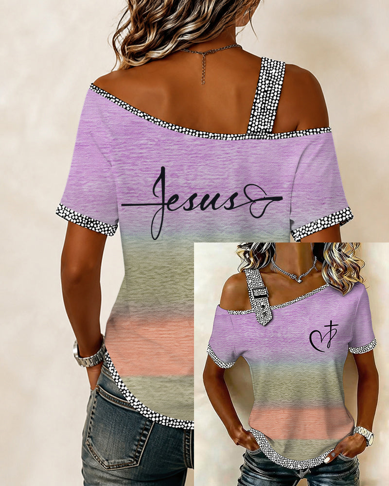 Oversized Heart And Cross Off-Shoulder Trimmed Short-Sleeve Top For Women