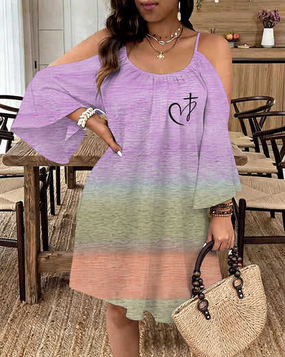 Gradient Love Cross Print Strap Long Sleeve Dress