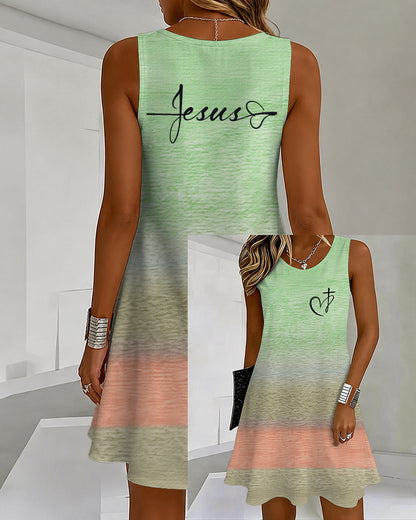 Gradient Love Cross Printed U-Neck Sleeveless Vacation Short Dress