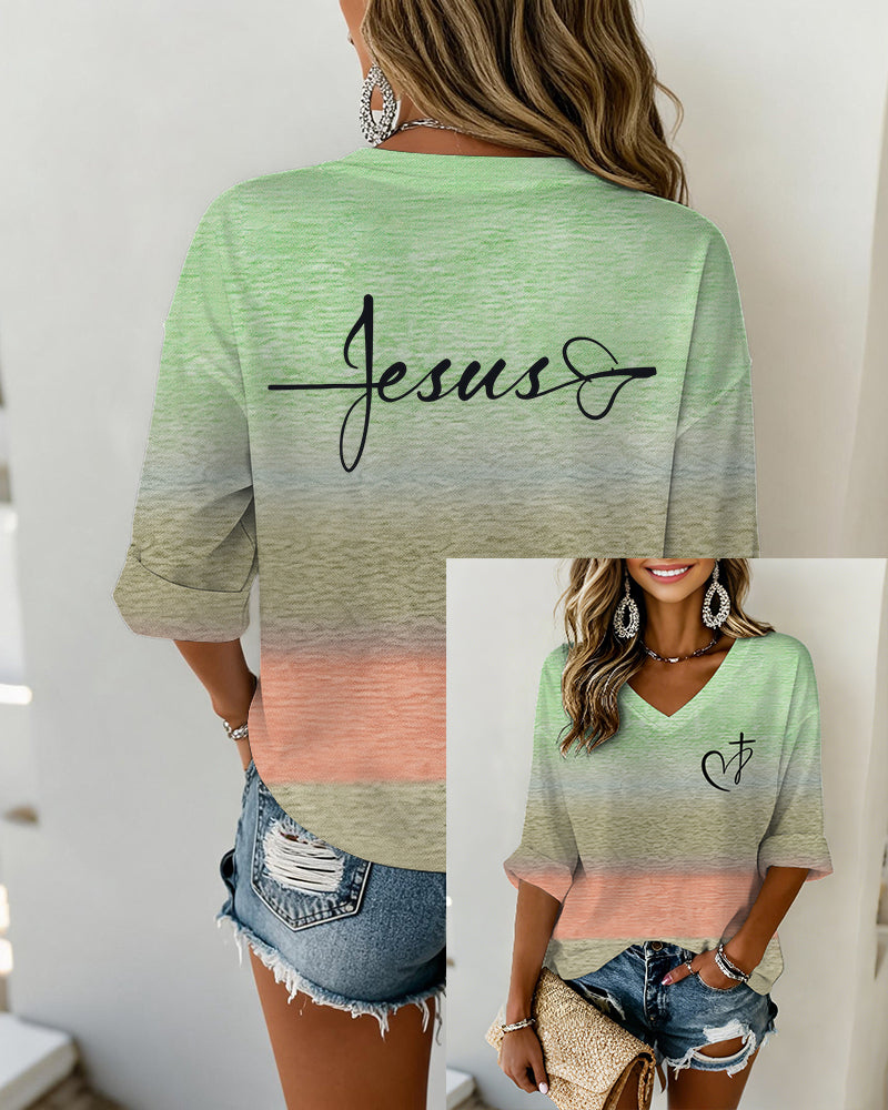 Three-Color Gradient Heart And Cross Print V-Neck 3/4-Sleeve Loose-Fit T-Shirt