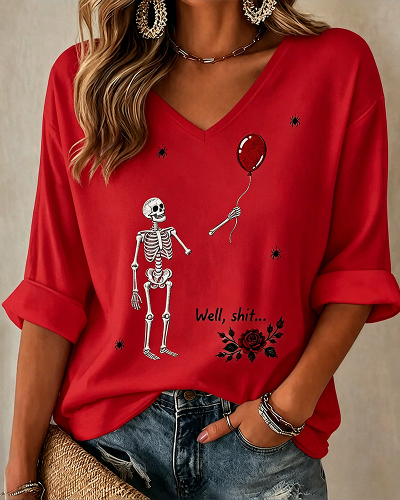 Women's Halloween Fun Skull Balloon Prints  Mid-length V-neck Loose T-shirt