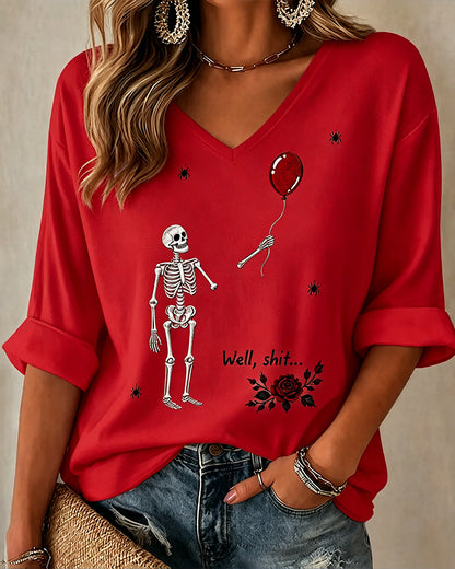 Women's Halloween Fun Skull Balloon Prints  Mid-length V-neck Loose T-shirt