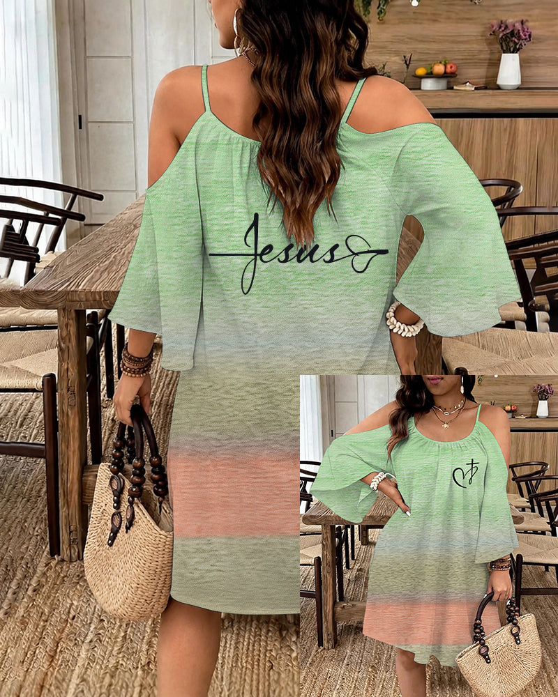 Gradient Love Cross Print Strap Long Sleeve Dress