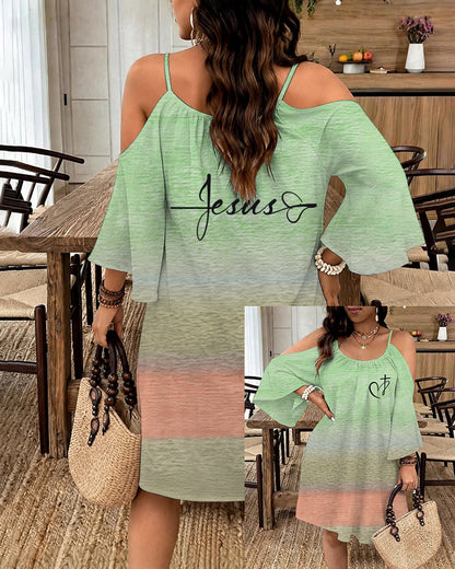 Gradient Love Cross Print Strap Long Sleeve Dress