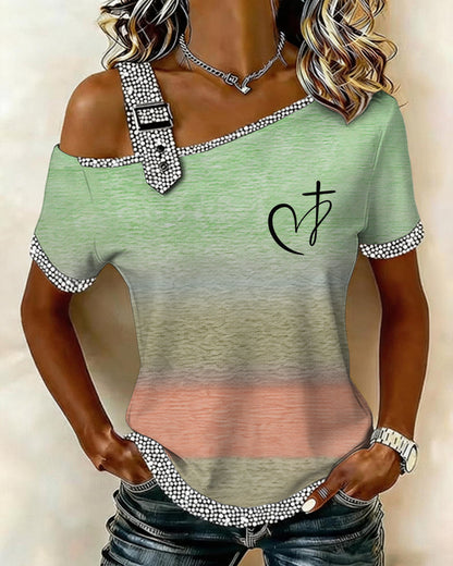 Oversized Heart And Cross Off-Shoulder Trimmed Short-Sleeve Top For Women