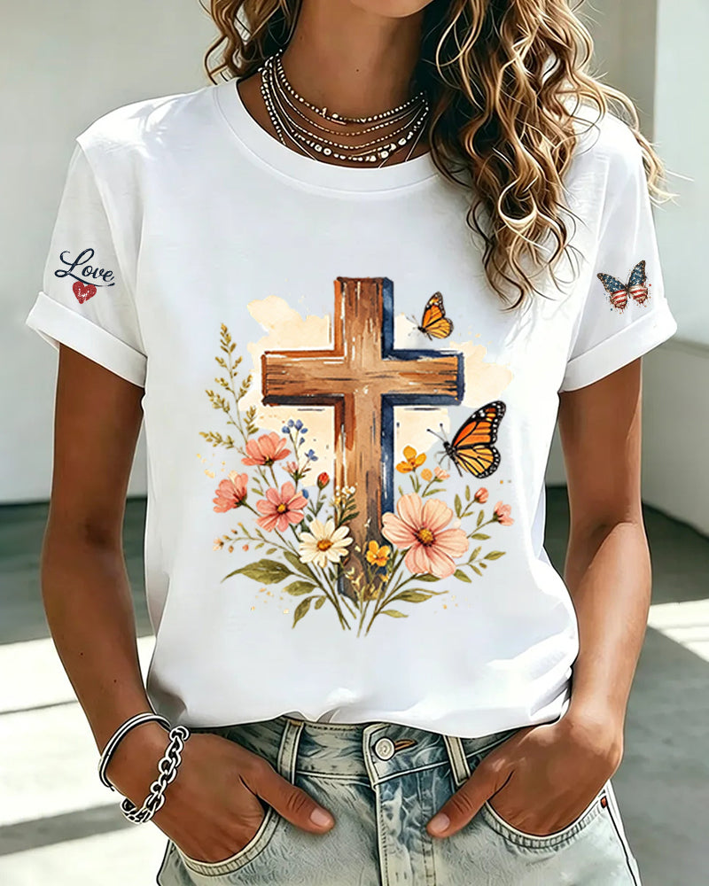 Print Cross Wildflower Butterfly Crewneck Short Sleeve Tee