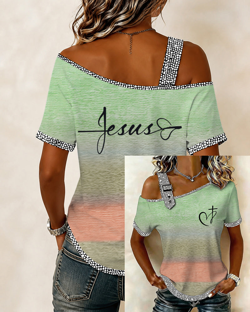 Oversized Heart And Cross Off-Shoulder Trimmed Short-Sleeve Top For Women