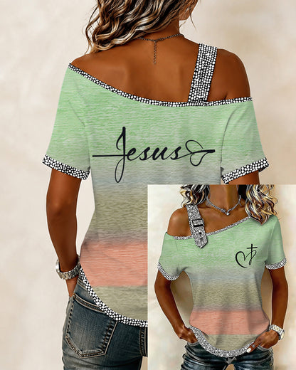 Oversized Heart And Cross Off-Shoulder Trimmed Short-Sleeve Top For Women