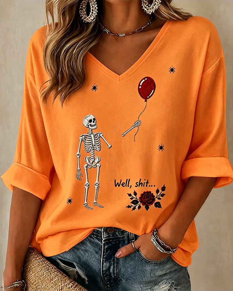 Women's Halloween Fun Skull Balloon Prints  Mid-length V-neck Loose T-shirt