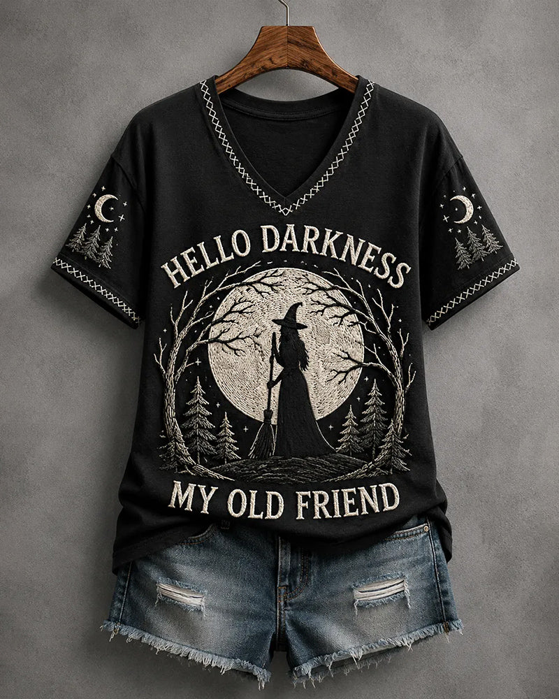 Women's Funny Halloween Hello Darkness My Old Friend Printed T-Shirt