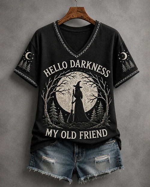 Women's Funny Halloween Hello Darkness My Old Friend Printed T-Shirt