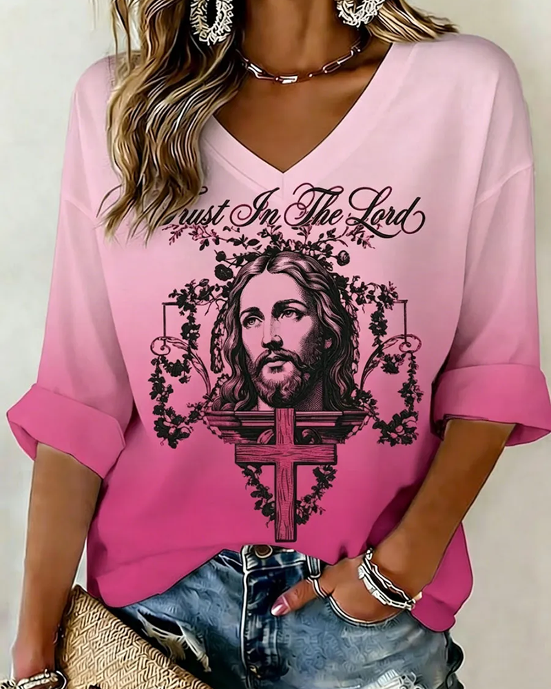 Jesus Portrait Print V-neck Loose T-shirt