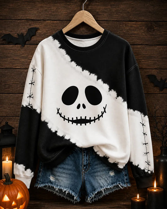 Women's Halloween Demon Face Color Blocking Printed Round Neck Sweatshirt