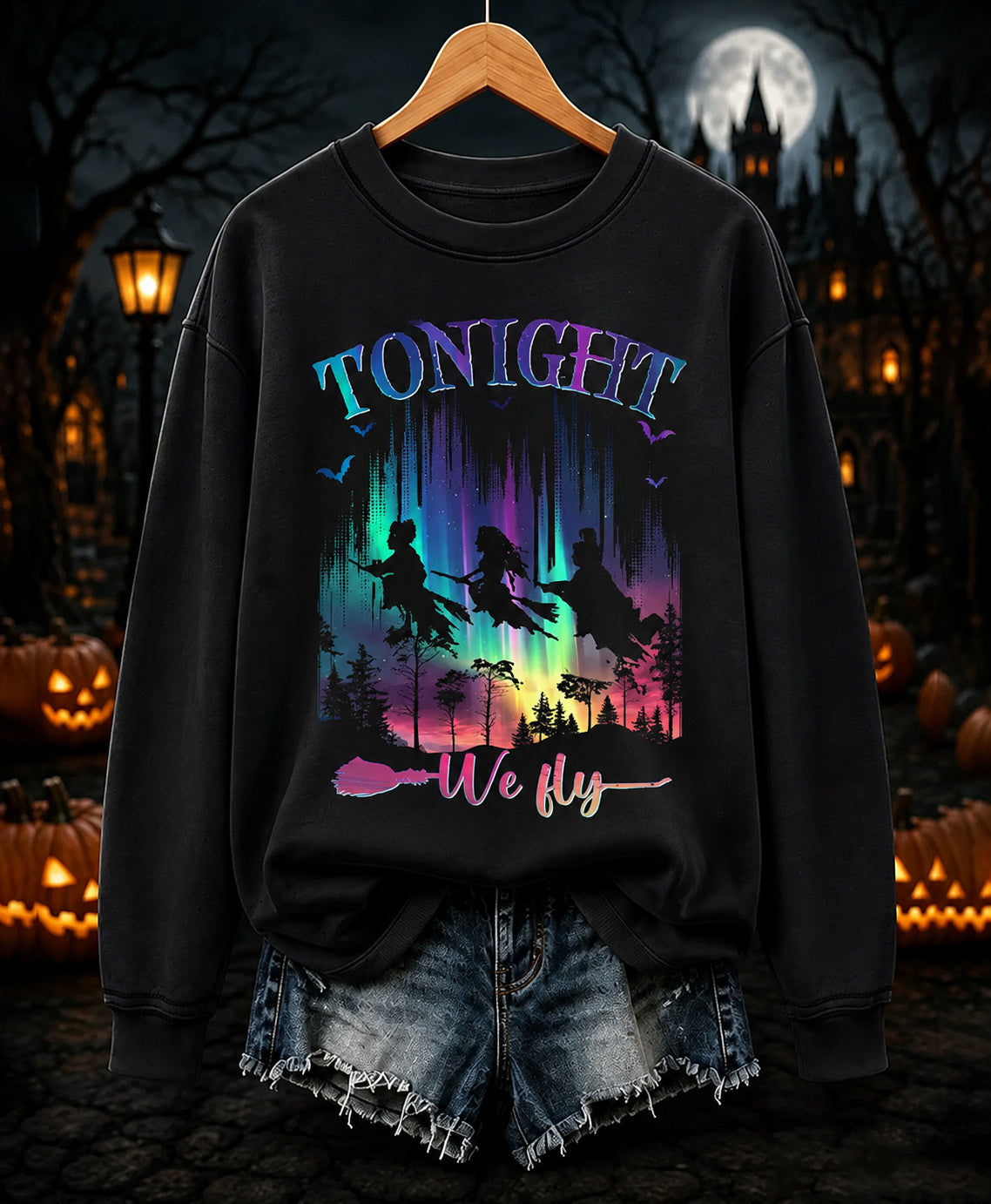 Women's  Halloween Bad Witches Vibes Printed Round Neck Sweatshirt