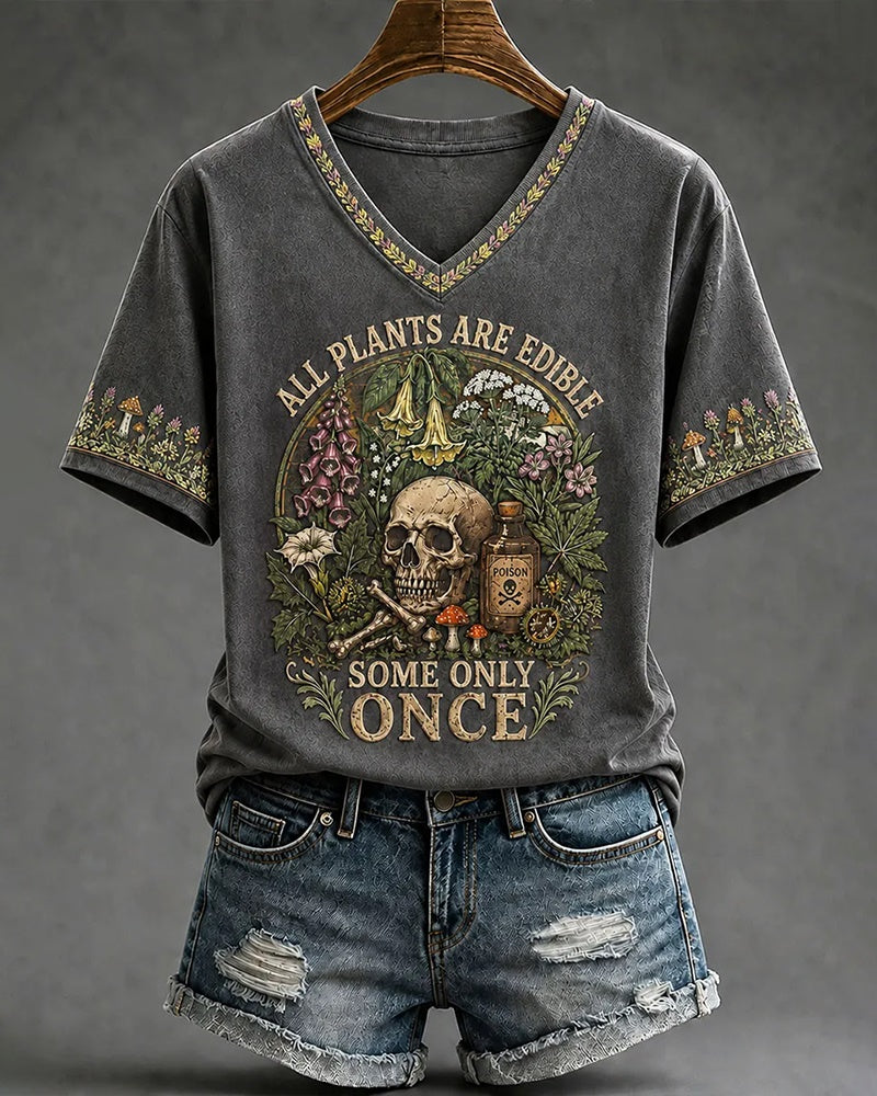 Women's "All Plants Are Edible Some Only Once" Halloween Floral Print Casual T-shirt