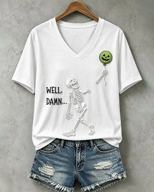 100% Cotton Women's Halloween Fun Balloon Skull Print V- Neck Short Sleeve Tshirt