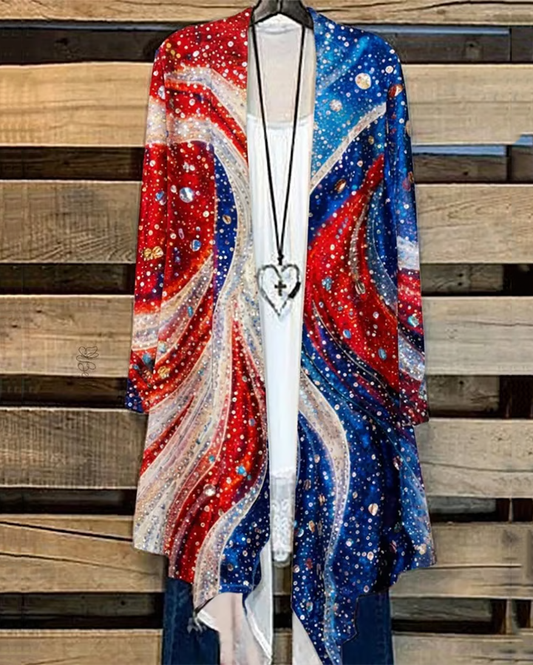 250th Anniversary Color-Block Wavy Stripes Long Sleeve Casual Longline Cardigan
