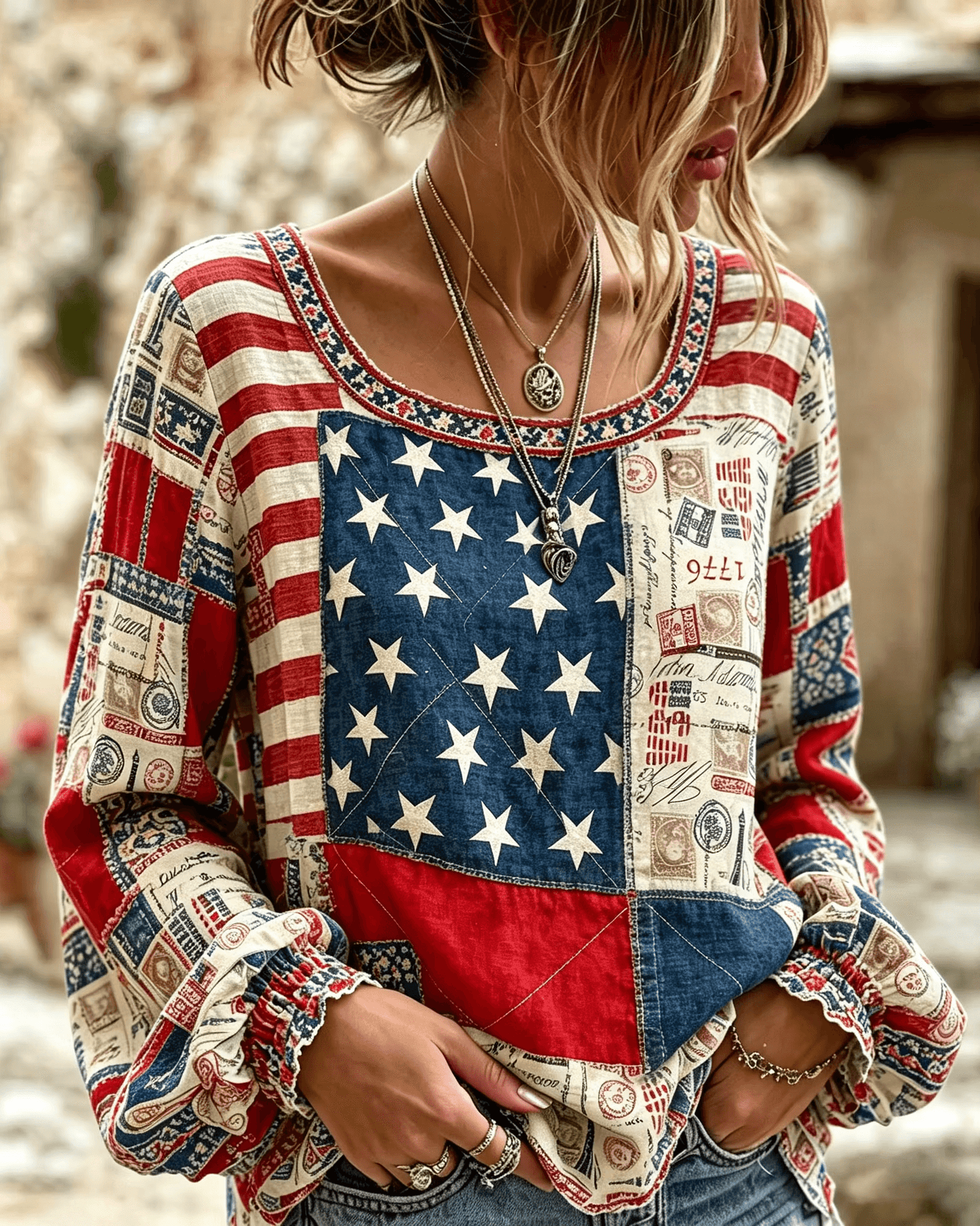 250th Anniversary National Flag Flowers Print Round Neck Puff Sleeves Blouse