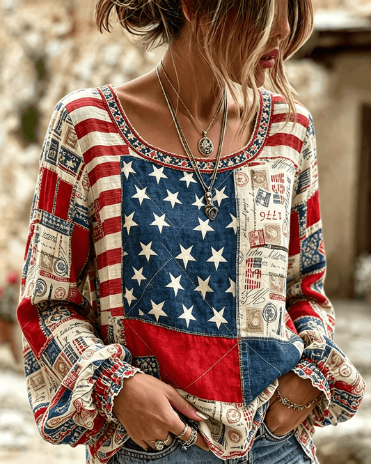 250th Anniversary National Flag Flowers Print Round Neck Puff Sleeves Blouse