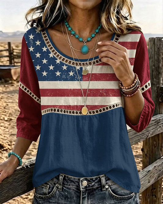 250th Anniversary Retro National Flag Print Round Neck Blouse