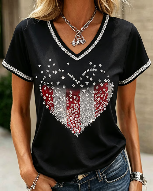 250th Anniversary Sequin Heart Print V-neck Short Sleeve Tshirt