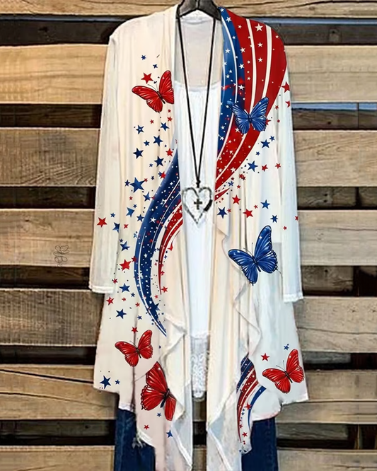 250th Anniversary Striped Butterfly Long Sleeve Casual Longline Cardigan