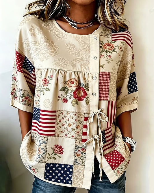 250th USA Birthday Cotton Linen Button-down Tie Blouse