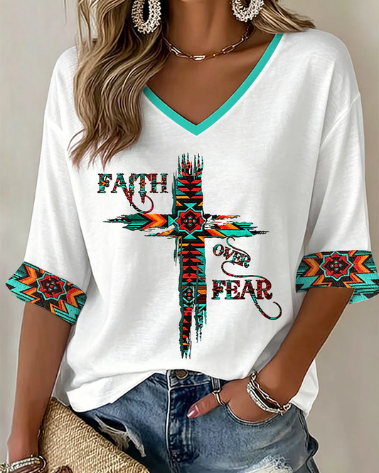 Faith Over Fear Print V-neck Loose T-shirt