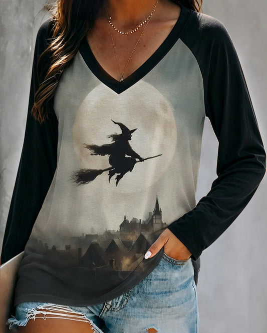Women's Halloween Witch Flying Over Moon V-neck Long-sleeved T-shirt