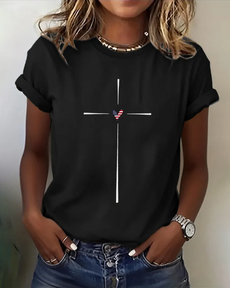100% Cotton Simple Cross Heart Crew Neck Short Sleeve Tshirt