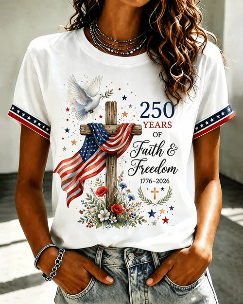 Faith Is Freedom Print Crew Neck Short Sleeve Tshirt