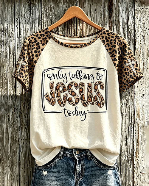 Faith Slogan Leopard Print Pattern Printed Crew Neck Short Sleeve Tshirt