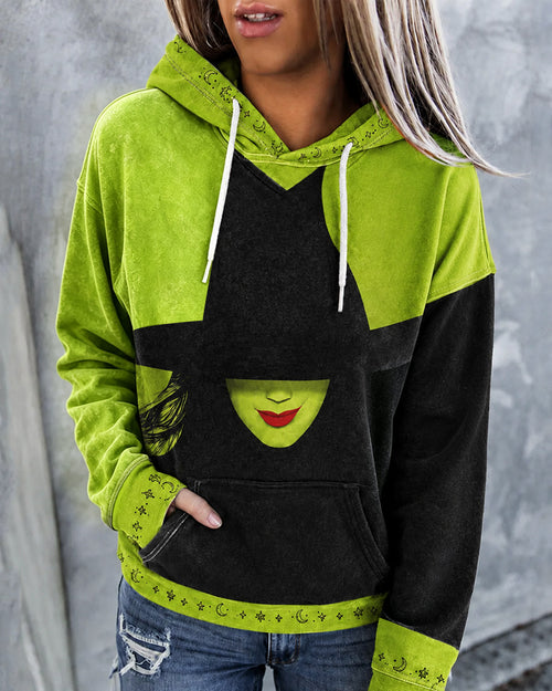 Women's Halloween Cartoon Witch Color Clash Long Sleeve Hoodie
