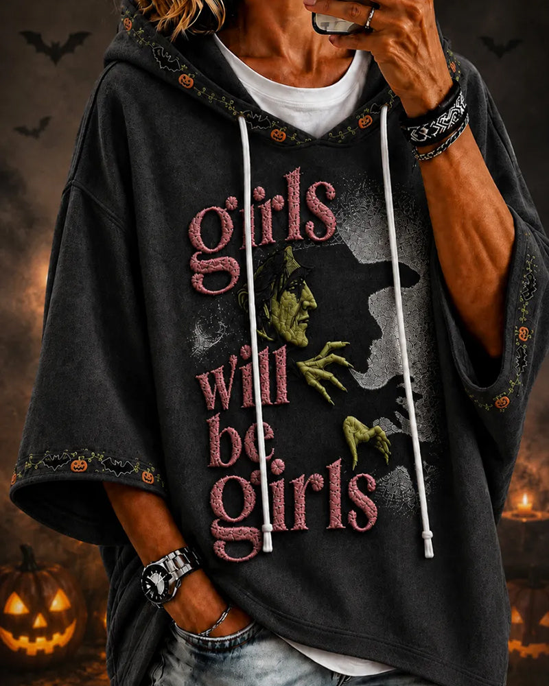 Women's Halloween Girls Will Be Girls Printed Loose Hooded Hoodie