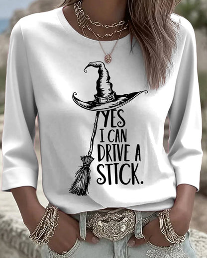 Women's Yes I Can Drive A Stick Printed Round Neck T-Shirt