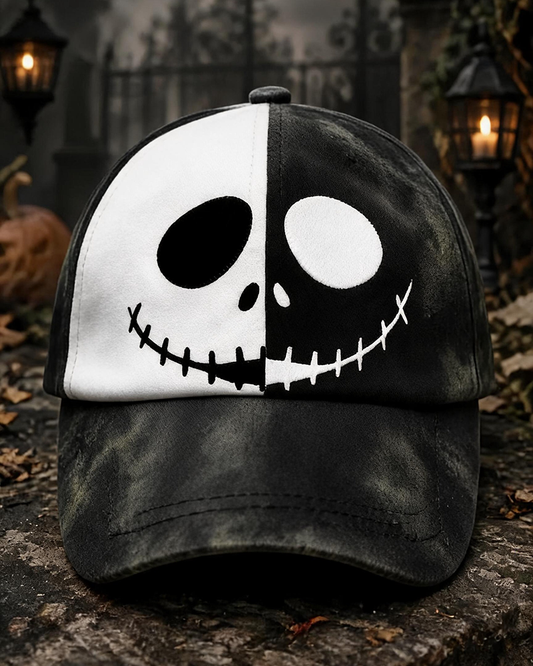 Black And White Half Color Skull Smiley Print Halloween Vintage Baseball Cap