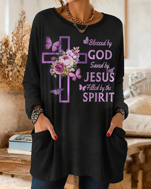 Purple Cross, Rose, Butterfly, And Scripture Print T-shirt With Two Pockets, Long Sleeves, And A Round Neckline.