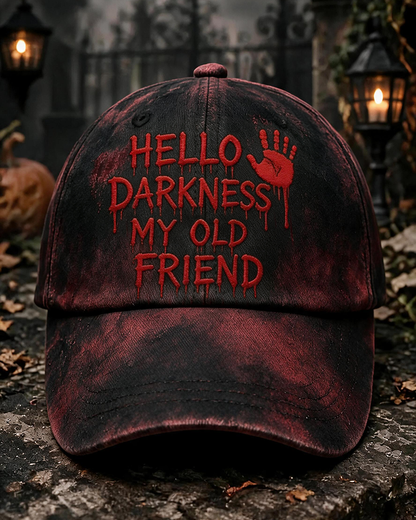 "Hello Darkness My Old Friend" Splash Ink Handprint Halloween Vintage Baseball Cap